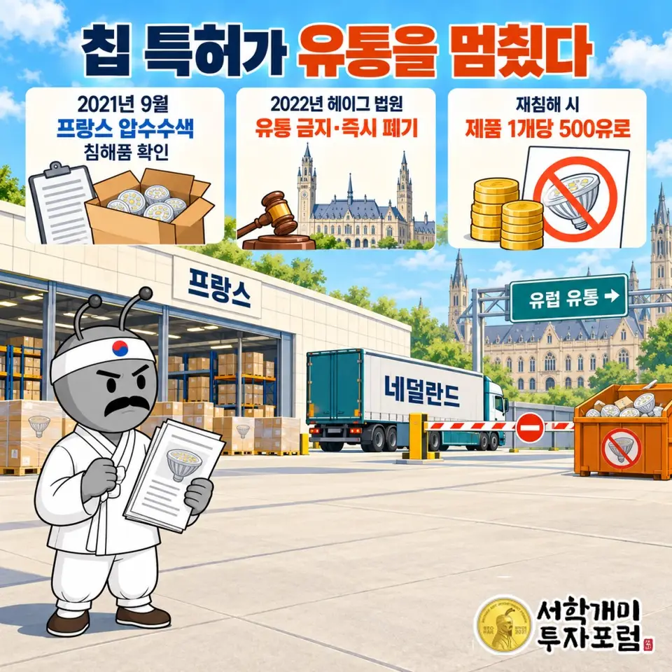2021년 9월 프랑스 압수수색에서 확인한 침해품이 네덜란드를 거쳐 유럽에 유통된 경로와 2022년 헤이그 법원의 유통 금지·즉시 폐기 판단을 연결한다. 재침해 시 제품 1개당 500유로를 정확히 표시한다. 핵심 문구는 ‘칩 특허가 유통을 멈췄다’.