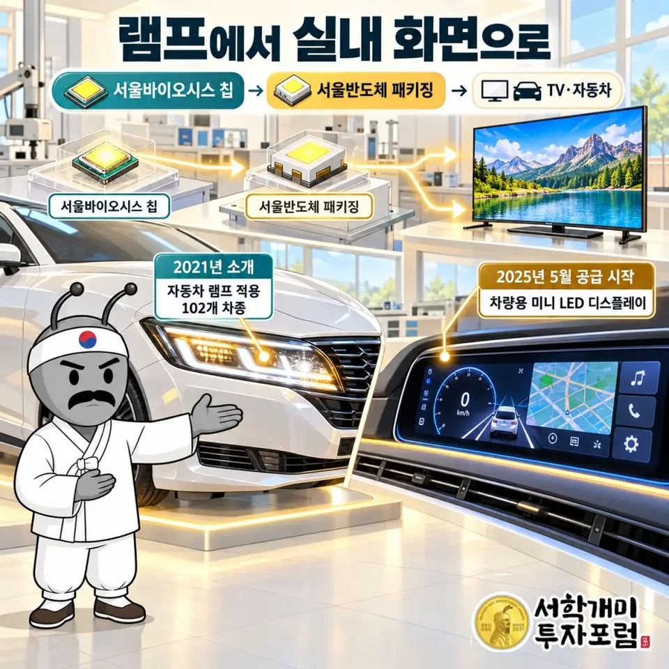 서울바이오시스의 칩이 서울반도체의 패키징을 거쳐 TV와 자동차로 공급되는 관계. 2021년 소개된 자동차 램프 적용 102개 차종과 2025년 5월 공급을 시작한 차량용 미니 LED 디스플레이를 시점을 나눠 표시한다. 핵심 문구는 ‘램프에서 실내 화면으로’.