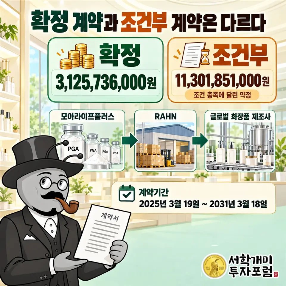 RAHN 화장품 원료 공급계약의 두 금액을 분리해 표시한다. 확정 3,125,736,000원, 조건부 11,301,851,000원, 계약기간 2025년 3월 19일부터 2031년 3월 18일까지. 모아라이프플러스→RAHN→글로벌 화장품 제조사 공급 경로를 함께 보여 준다. 조건부 금액을 확정 매출로 표현하지 않는다.