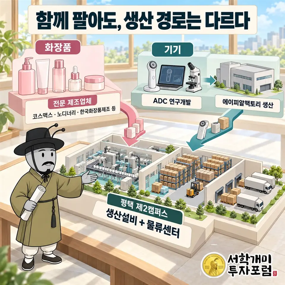 메디큐브 제품 공급의 두 경로를 대비한다. 화장품은 코스맥스·노디너리·한국화장품제조 등 전문 제조업체로, 기기는 ADC 연구개발에서 에이피알팩토리 생산으로 연결한다. 평택 제2캠퍼스에는 생산설비와 물류센터가 함께 있다는 사실을 보여 준다. 공장 실물을 임의로 재현하지 않는 개념도이며 로고와 우측 하단 핵심 요소는 넣지 않는다.