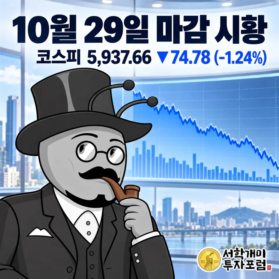 10월 29일 마감 시황 — 코스피 5,937.66 ▼74.78 (-1.24%)