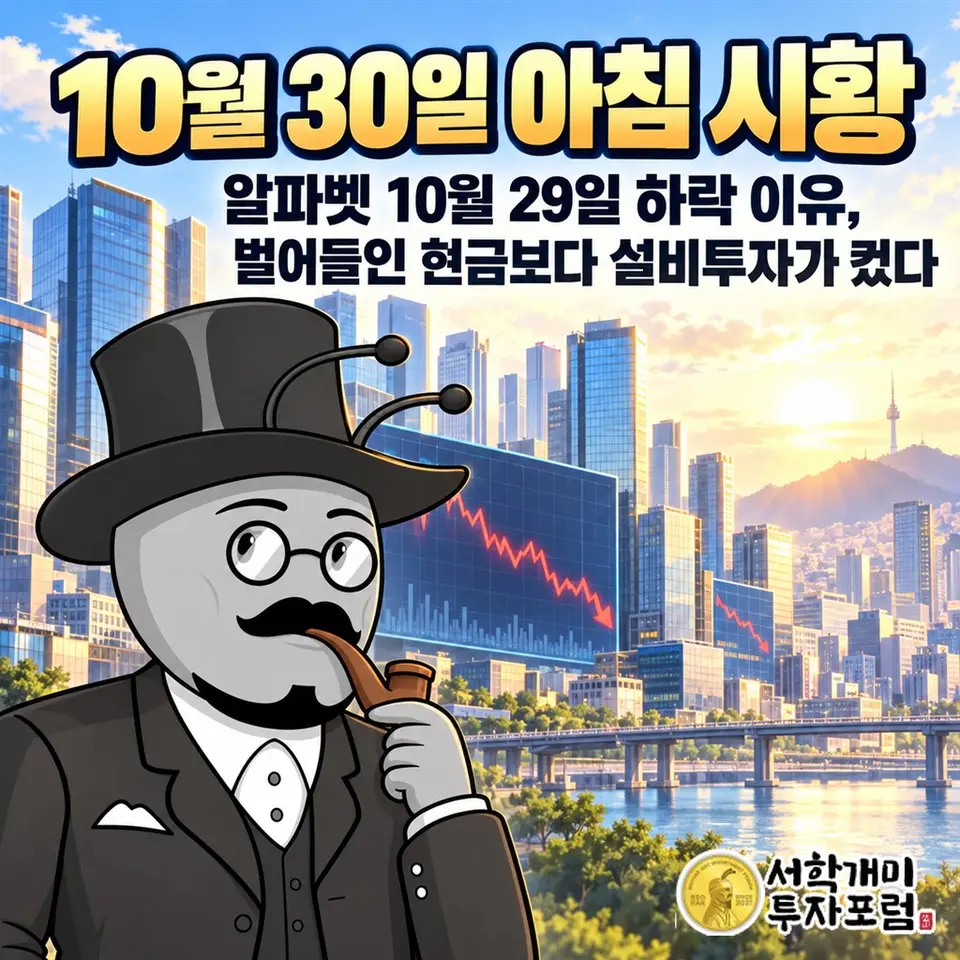 10월 30일 아침 시황 — 알파벳 10월 29일 하락 이유, 벌어들인 현금보다 설비투자가 컸다