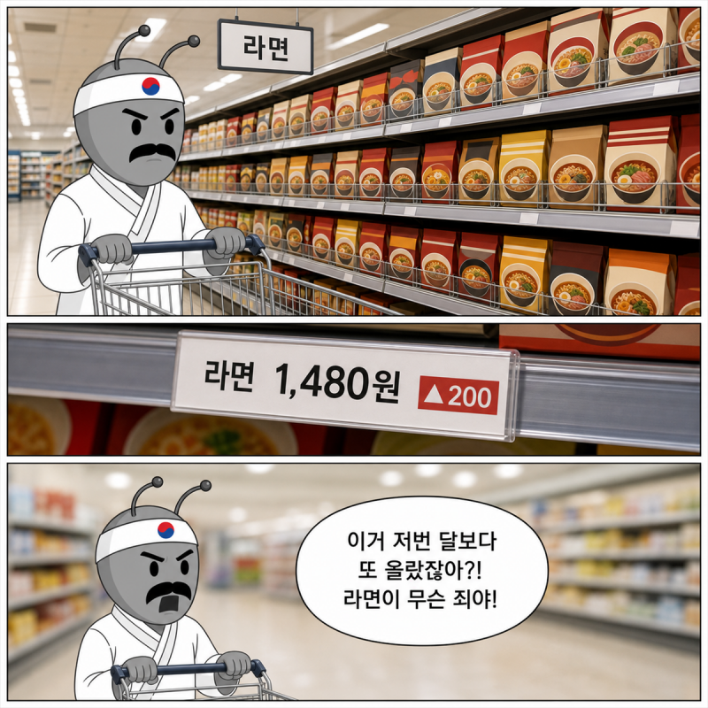 개미백과 1화 1페이지 - 마트 라면 코너에서 가격 인상에 놀라는 동학개미