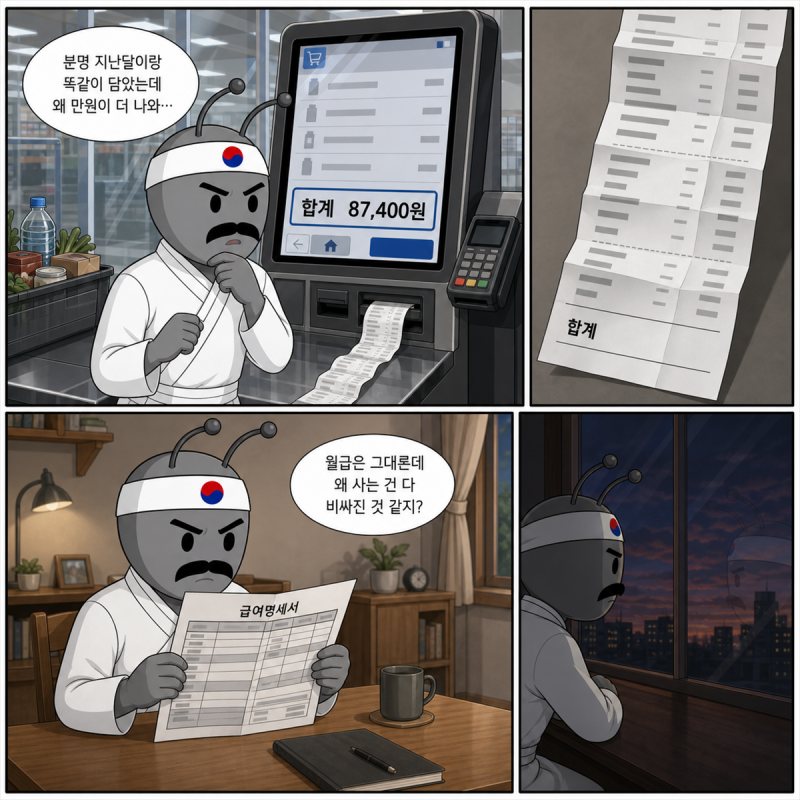 개미백과 1화 2페이지 - 영수증과 월급명세서를 비교하는 동학개미