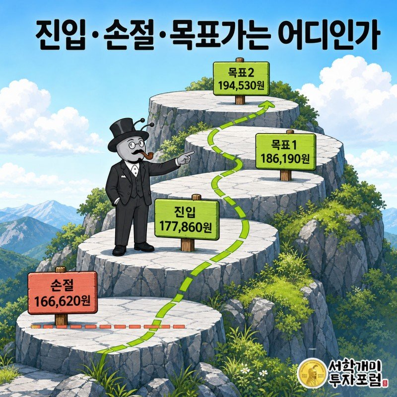 진입 177,860원, 손절 166,620원, 목표1 186,190원, 목표2 194,530원이 계단형으로 배치된 앤트가드 시그널 네 숫자