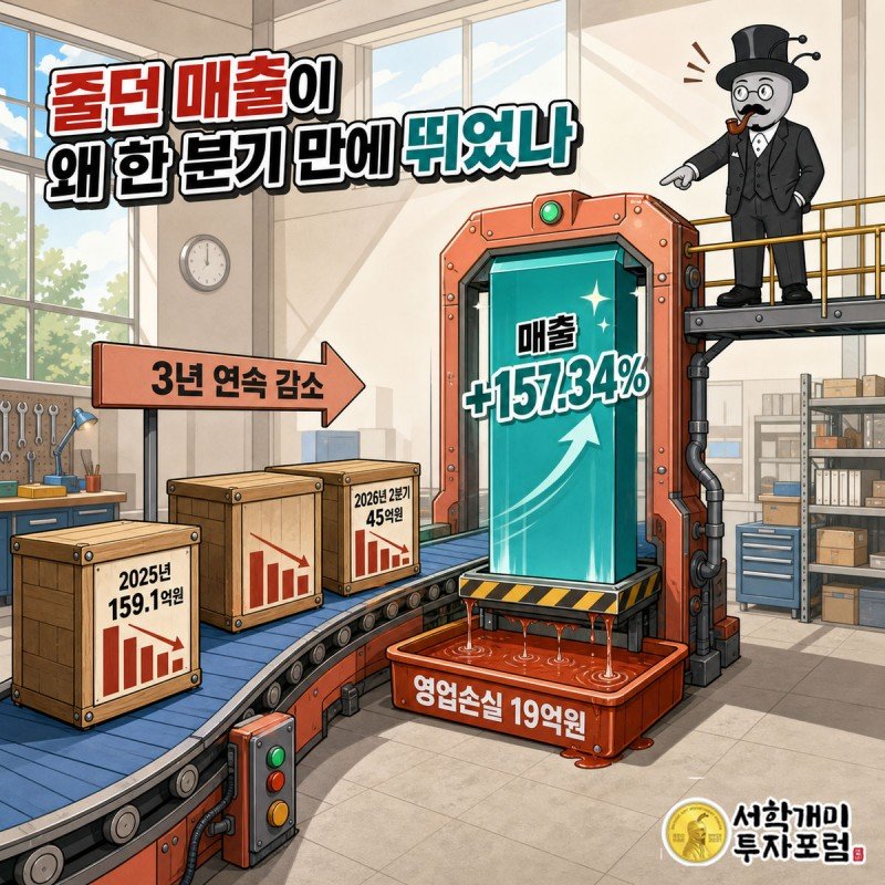 3년치 매출 막대가 낮아지다가 마지막 분기 막대만 크게 튀어오르는 그래프를 부자개미가 가리키는 장면