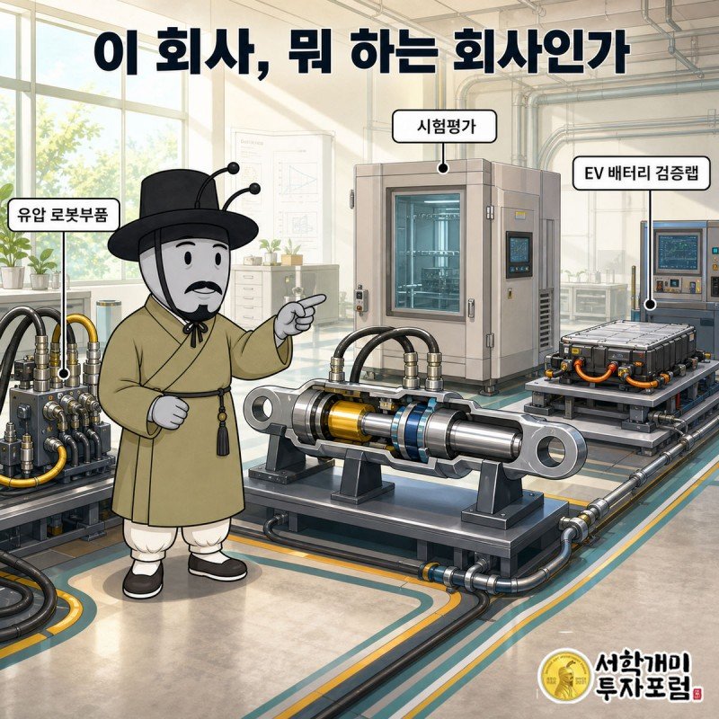 양반개미가 로봇 팔 관절 부품과 시험 챔버, 배터리 셀 모형을 순서대로 가리키며 사업구조를 설명하는 장면