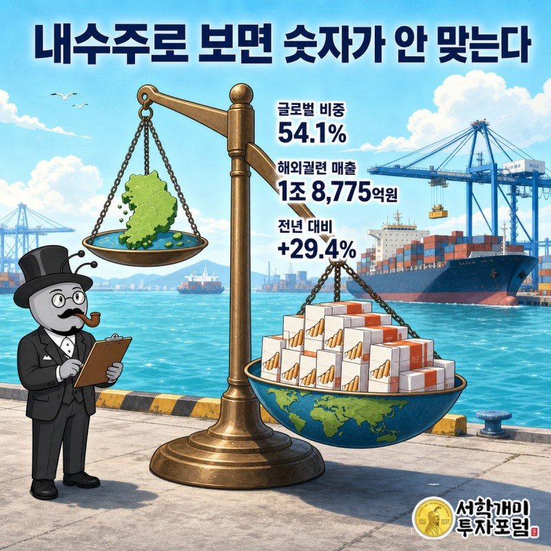 국내 지도와 세계 지도 위 담배 매출 막대가 해외 쪽으로 기울어 54.1퍼센트 표지판이 세워진 장면