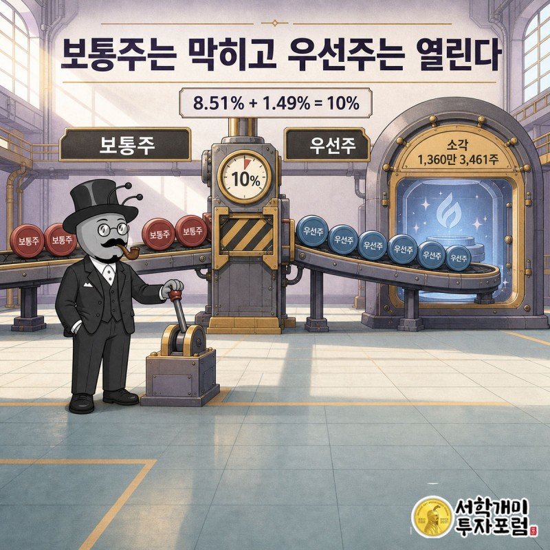 10퍼센트 눈금에 정확히 멈춘 계기판 옆에서 보통주 소각로는 잠겨 있고 우선주 소각로만 열려 있는 장면