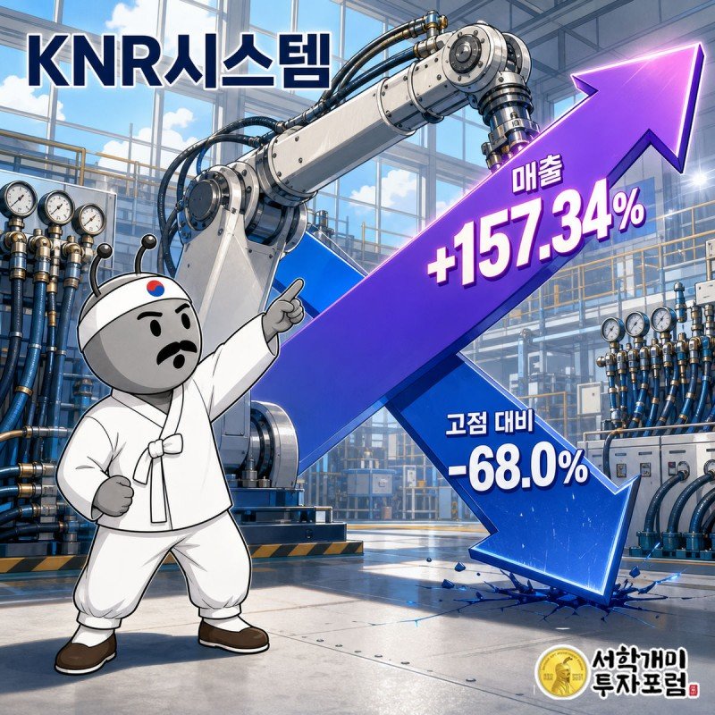 유압 로봇 팔 옆에서 고점 대비 68퍼센트 하락 화살표와 2분기 매출 157퍼센트 반등 화살표가 엇갈리는 표지판을 서민개미가 올려다보는 커버