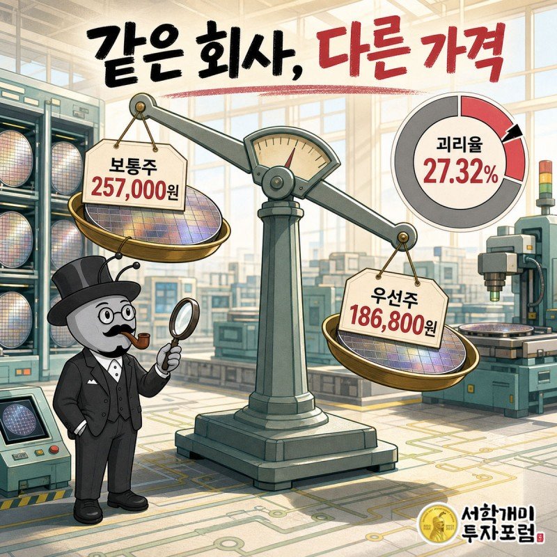 같은 반도체 웨이퍼를 담은 저울 양쪽에 보통주 257,000원과 우선주 186,800원 가격표가 걸려 기울어진 커버