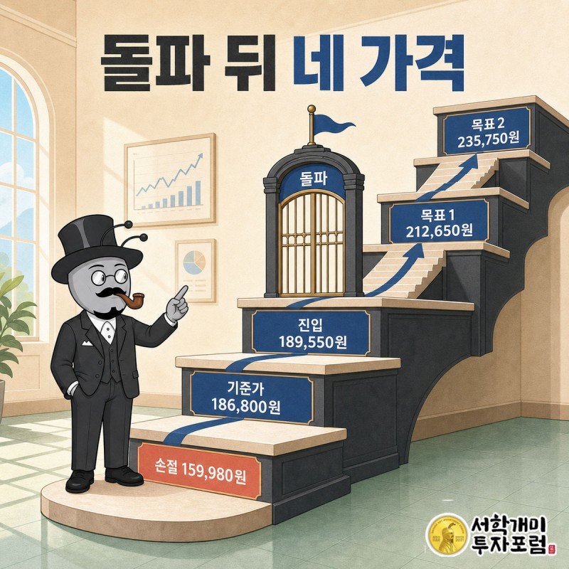 진입 189,550원, 손절 159,980원, 목표1 212,650원, 목표2 235,750원이 계단형으로 배치된 앤트가드 시그널 네 숫자