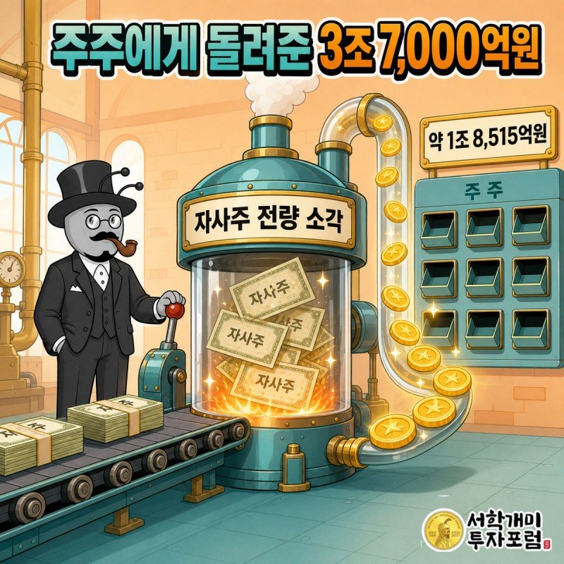 주식 증서 다발이 소각로에 들어가고 1조 8,515억원 표지판이 세워진 장면을 양반개미가 가리키는 모습