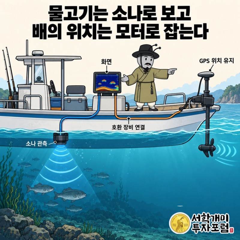 가민 Navionics 타사 지도 판매와 선박 장비 통합 — 물고기는 소나로 보고 배의 위치는 모터로 잡는다 도판