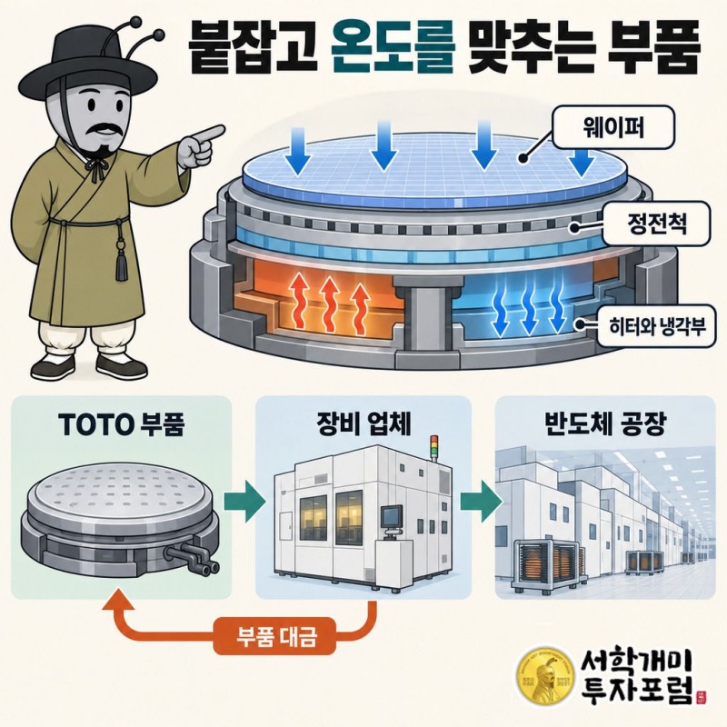 TOTO 정전척·AD막과 반도체 부품의 양산 선택 — 붙잡고 온도를 맞추는 부품 도판