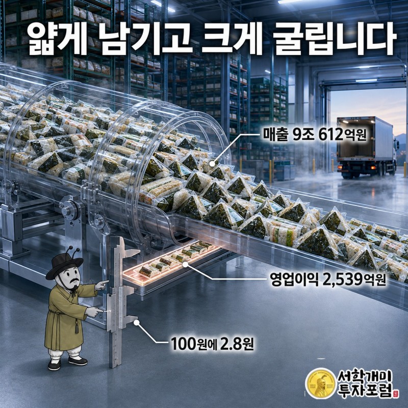 삼각김밥 컨베이어의 바다 — 매출 9조 612억원, 100원에 2.8원 박리 도판
