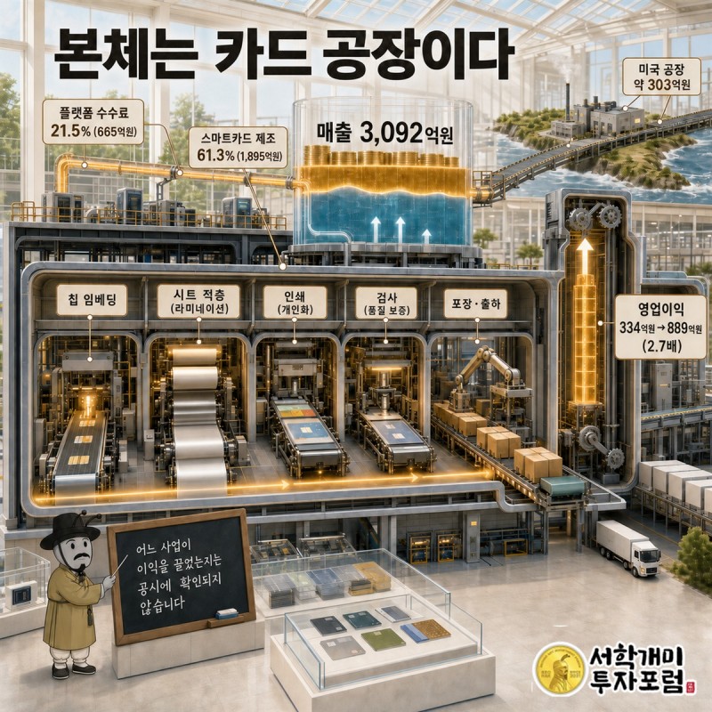 본체는 카드 공장 — 매출 3,092억원과 스마트카드 제조 61.3%가 라벨된 공장 절개 도판