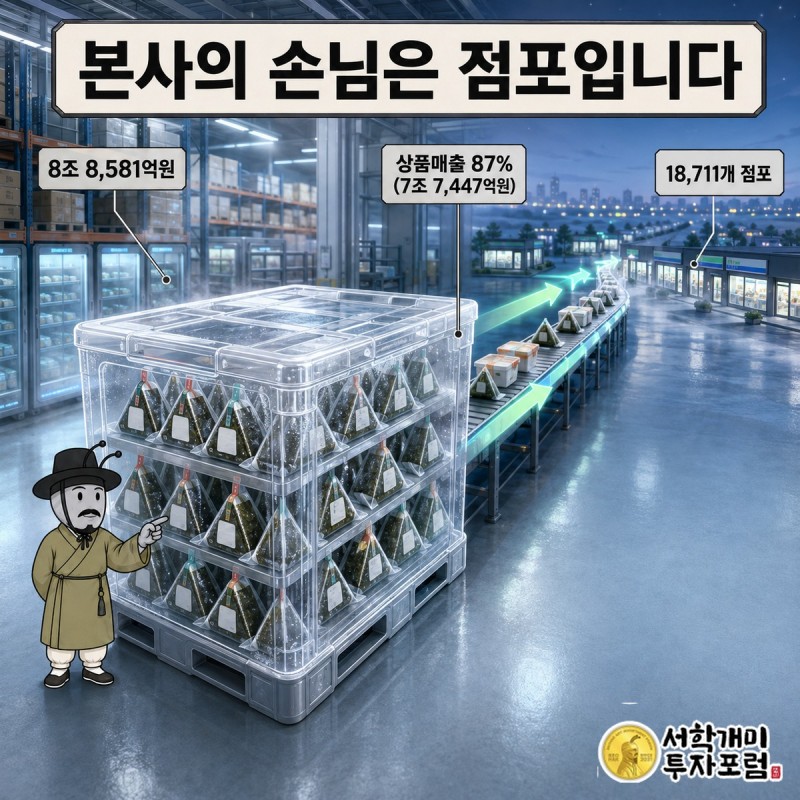 물류센터의 삼각김밥 팔레트 — 별도 매출 8조 8,581억원 중 상품매출 87% 도판
