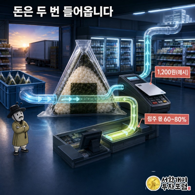 삼각김밥 절개와 결제 단말 — 돈이 두 번 들어오는 길(점주 몫 60~80%) 도판