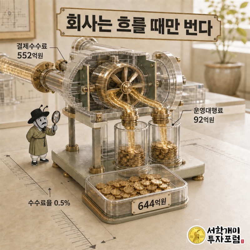 회사는 흐를 때만 번다 — 결제수수료 552억원과 운영대행료 92억원이 644억원으로 모이는 물레방아 도판