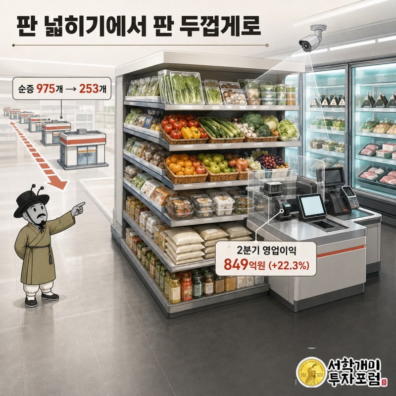 과일·정육 매대로 두꺼워지는 점포 — 순증 둔화와 2분기 영업이익 +22.3% 도판