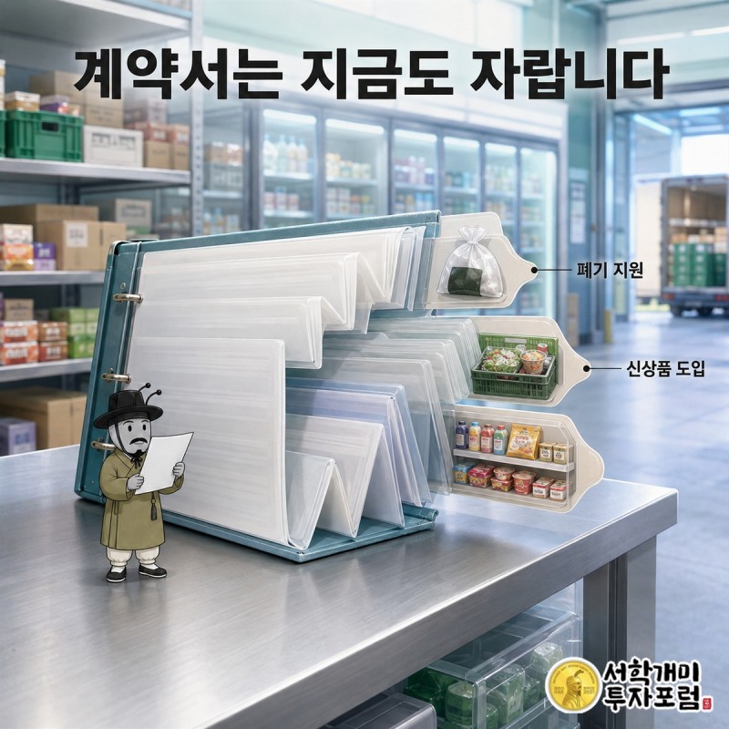 매대 위에서 자라는 가맹계약서 — 폐기 지원·신상품 도입 항목 도판