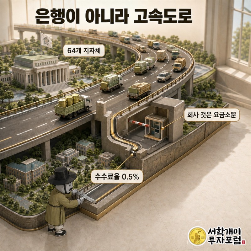 은행이 아니라 고속도로 — 64개 지자체 도로와 수수료율 0.5% 요금소 도판