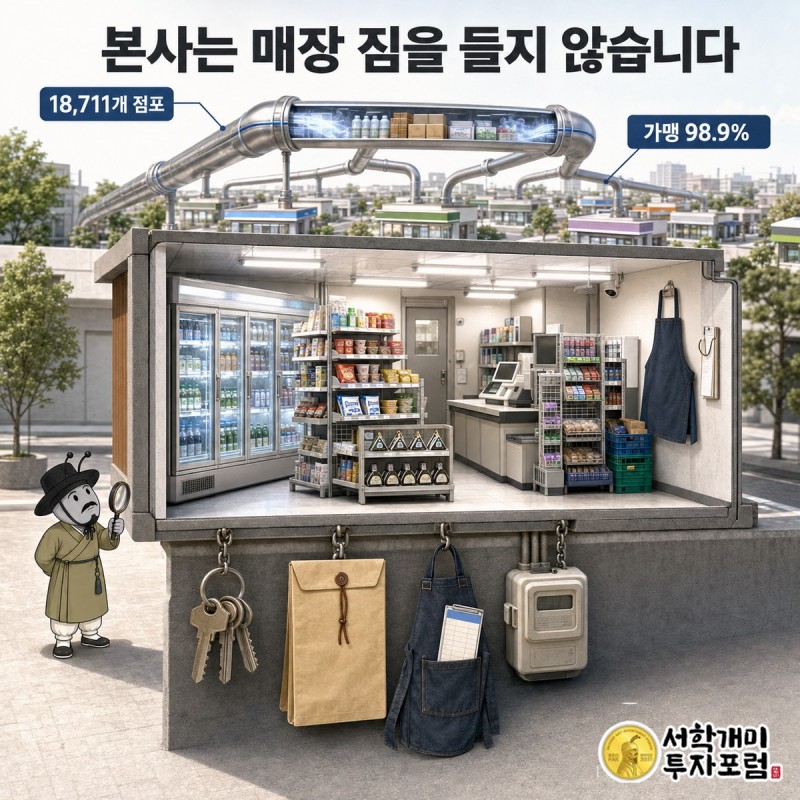 매장 절개와 보증금·비용 가방들 — 본사는 매장 짐을 들지 않는 구조(가맹 98.9%) 도판