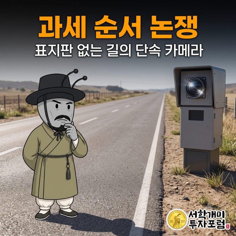 양반개미가 의심스러운 표정으로 턱을 짚고, 신호등과 표지판이 없는 공사 구간 도로 끝의 ‘내년 1월’ 단속 카메라를 바라보는 일러스트