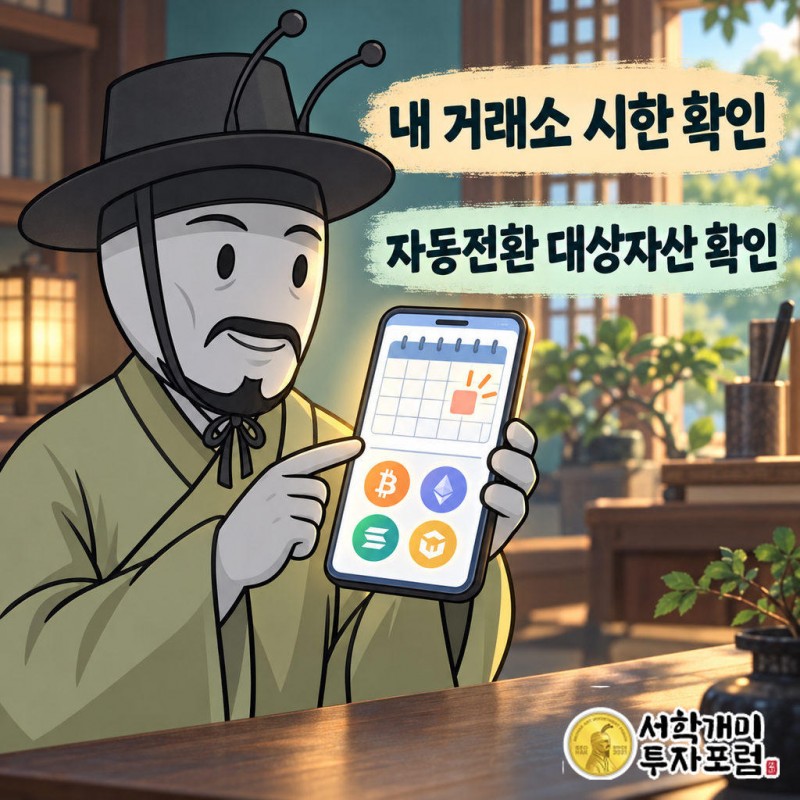 자신이 쓰는 유럽 거래소의 출금 시한과 자동 전환 대상 자산 안내를 확인한다