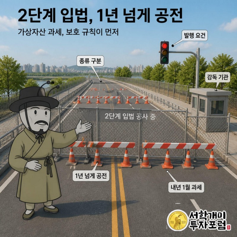 공사 가림막 속 미완성 표지판과 신호등, 감독 초소를 두고 도로 맨 앞에 단속 카메라만 세워져 있는 모습을 개미가 낭패한 표정으로 가리키는 일러스트