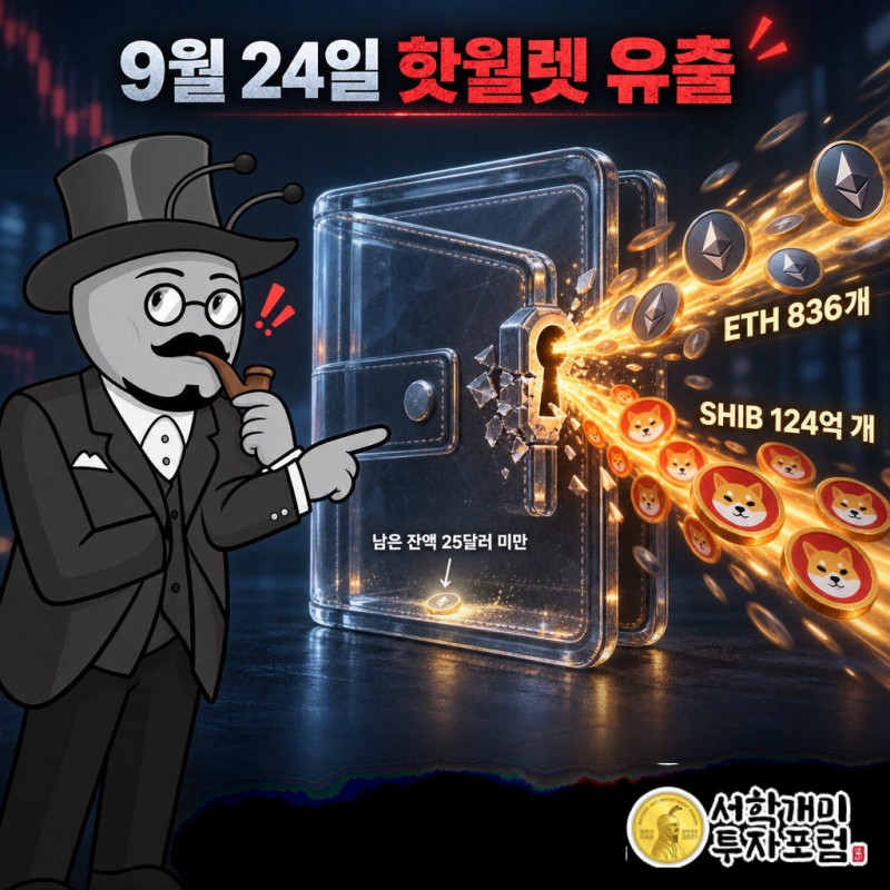 9월 24일 이더리움 핫월렛에서 836 ETH, USDT 약 59만 3,000개, USDC 9만 7,000개, DAI 3만 1,500개, SHIB 124억 개가…