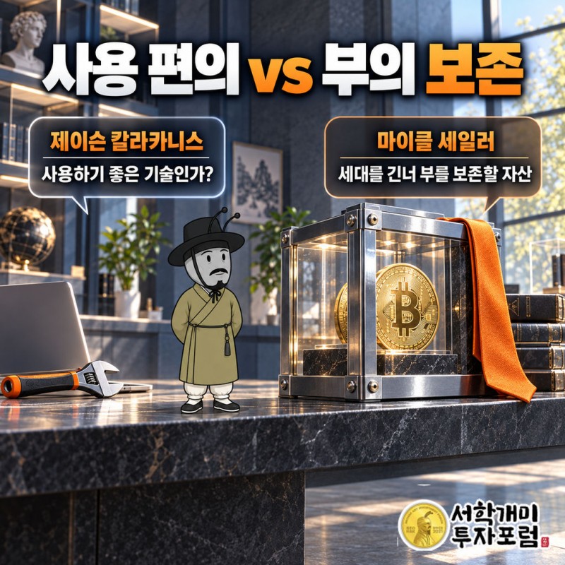 칼라카니스는 비트코인의 거래·스마트계약·이용 편의를 비판하며 음반과 영화 디스크에 빗댔다.