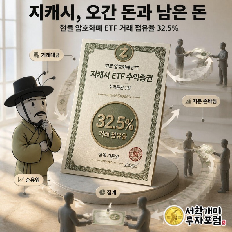 기사에 제시된 지캐시 ETF의 현물 암호화폐 ETF 거래 점유율은 32.5%다.