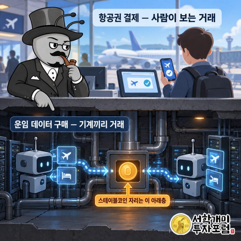 블랙록 보고서는 보조 에이전트가 x402로 운임·객실 데이터를 먼저 사고 주 에이전트가 ACP로 항공권·호텔을 결제하는 두 층 구조를 그렸다