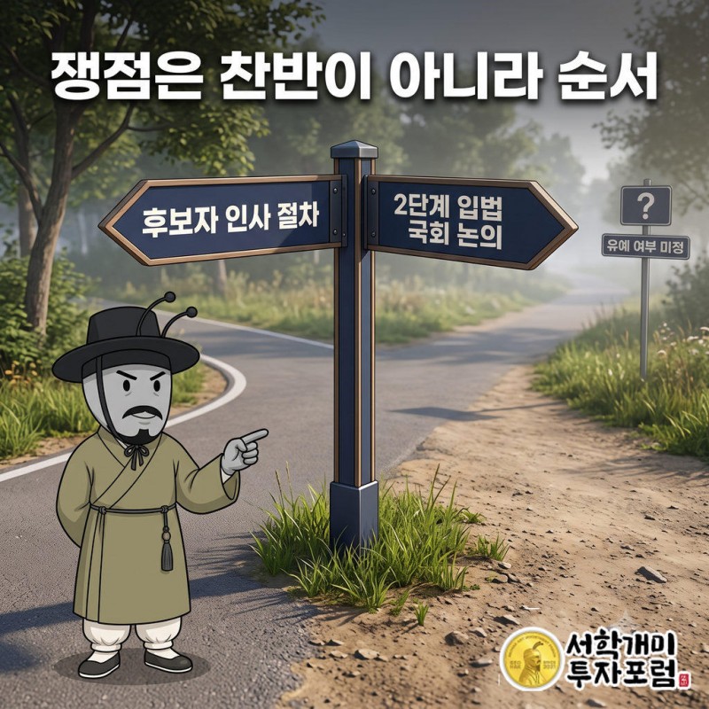 양반개미가 ‘후보자 인사 절차’와 ‘2단계 입법 국회 논의’ 이정표가 선 갈림길에서 두 방향을 신중하게 살피는 일러스트