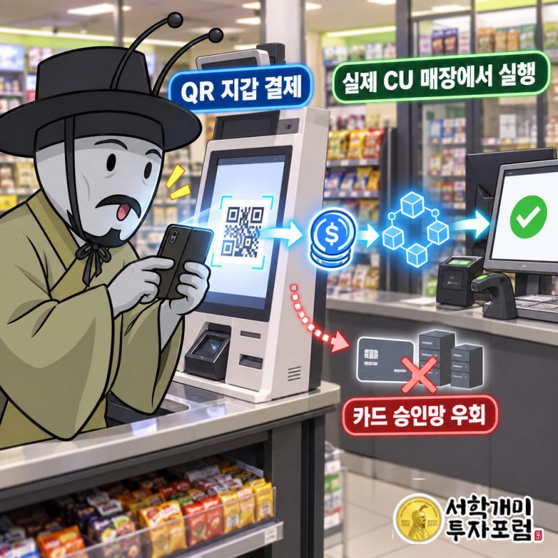 손님이 CU 키오스크 QR코드를 지갑으로 찍으면 스테이블코인이 곧장 넘어가고, 블록체인 확인 후 점원 화면에 결제 완료가 뜬다
