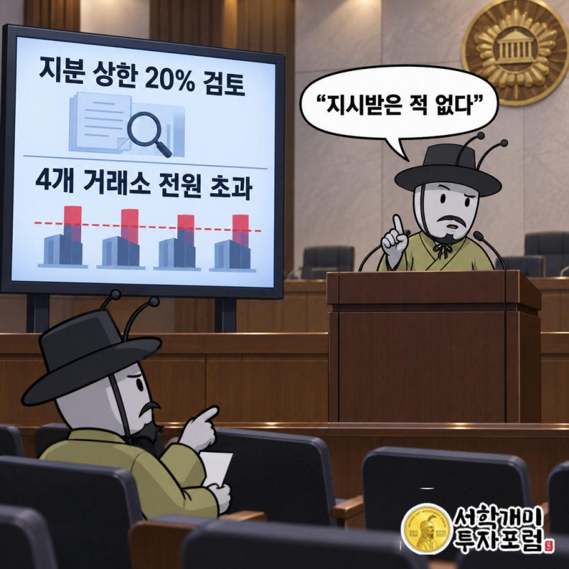 금융위가 대주주 지분 상한 20% 수준을 검토 중이며 4개 거래소 대주주 모두 해당