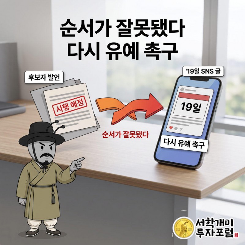양반개미가 스마트폰 화면의 19일 SNS 반박 글과 옆의 후보자 발언 카드를 놀란 표정으로 번갈아 보는 일러스트
