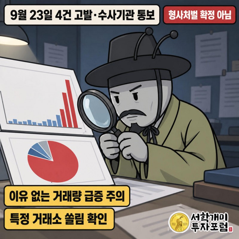 금융위원회·금융감독원은 9월 23일 초단기 시세조종 3건과 운영사 관련 1건을 고발·수사기관 통보 의결했다