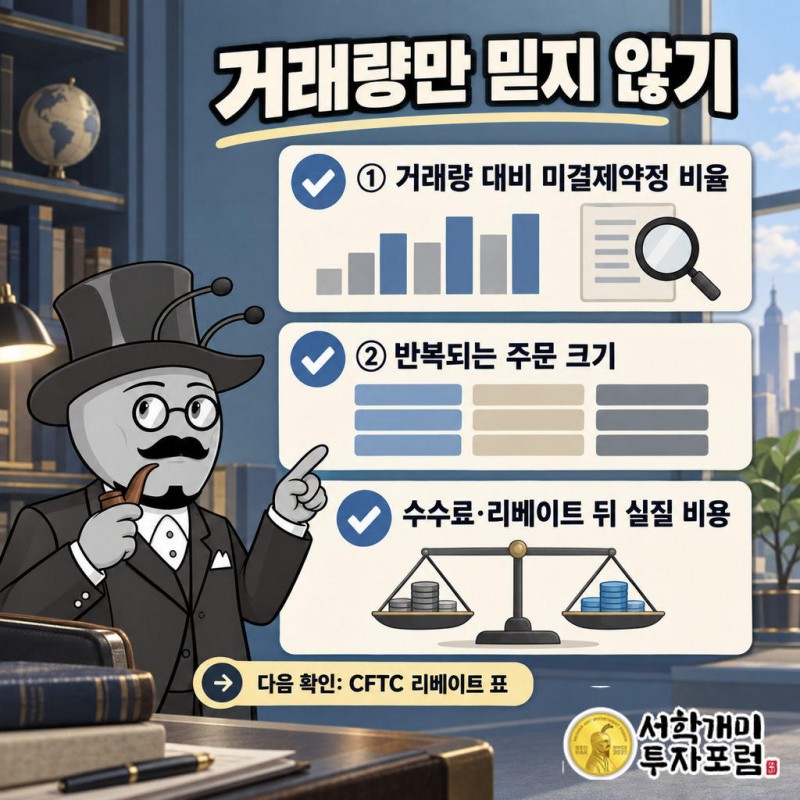 거래량 대비 미결제약정 비율, 특정 주문 크기의 반복 여부, 수수료와 리베이트로 비용이 사실상 0이 되는 구간을 나란히 봐야 한다