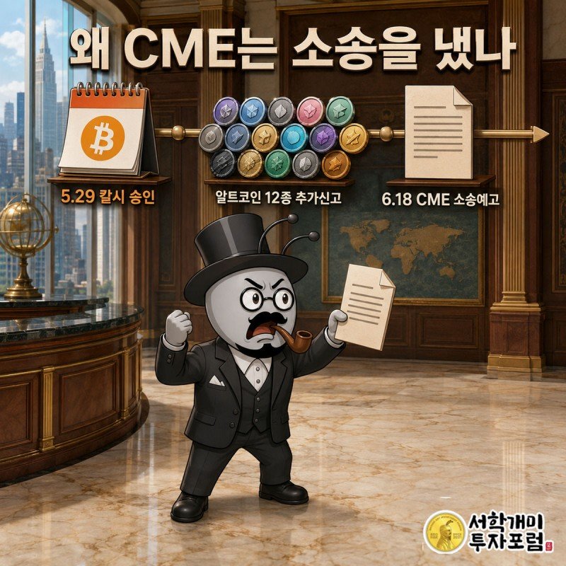 5월29일 칼시의 비트코인 무기한선물 승인 도장과 6월18일 CME 사옥 앞에서 소송장을 든 개미가 화난 표정을 짓는 타임라인 장면