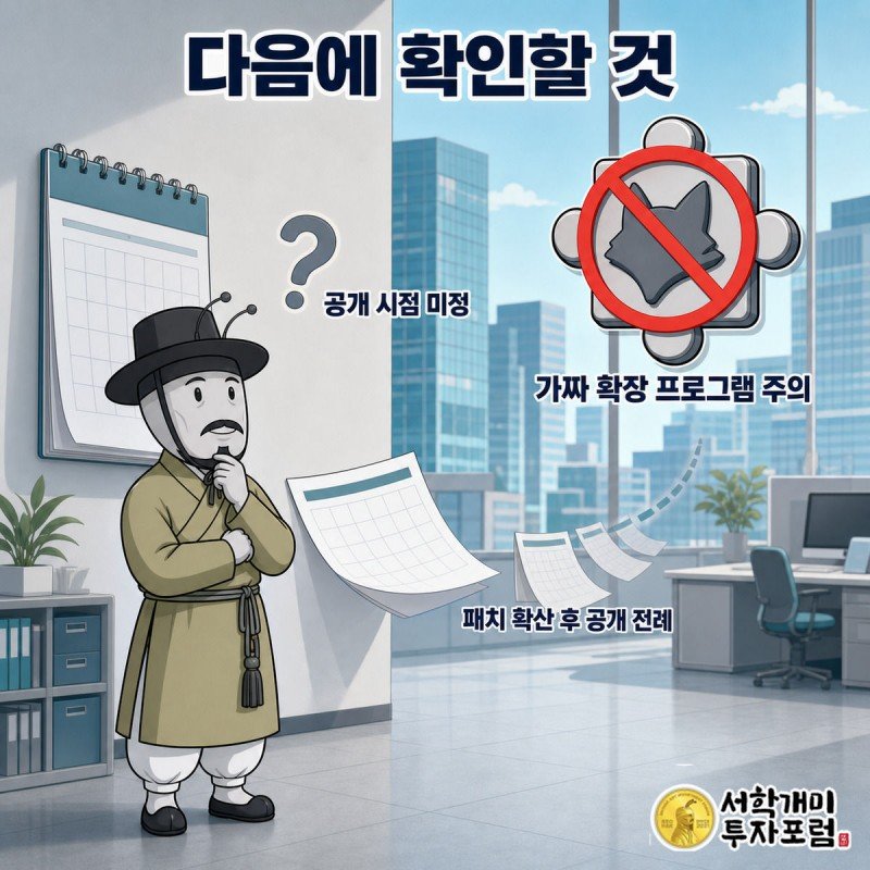 양반개미가 달력 앞에서 물음표를 올려다보고 옆에는 가짜 확장 프로그램 경고 스탬프가 찍혀 있는 모습