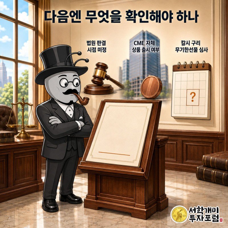 서명되지 않은 판결문과 빈 달력 앞에서 신중한 표정으로 기다리는 개미, 배경에 CME 사옥과 구리색 코인이 흐릿하게 보이는 장면