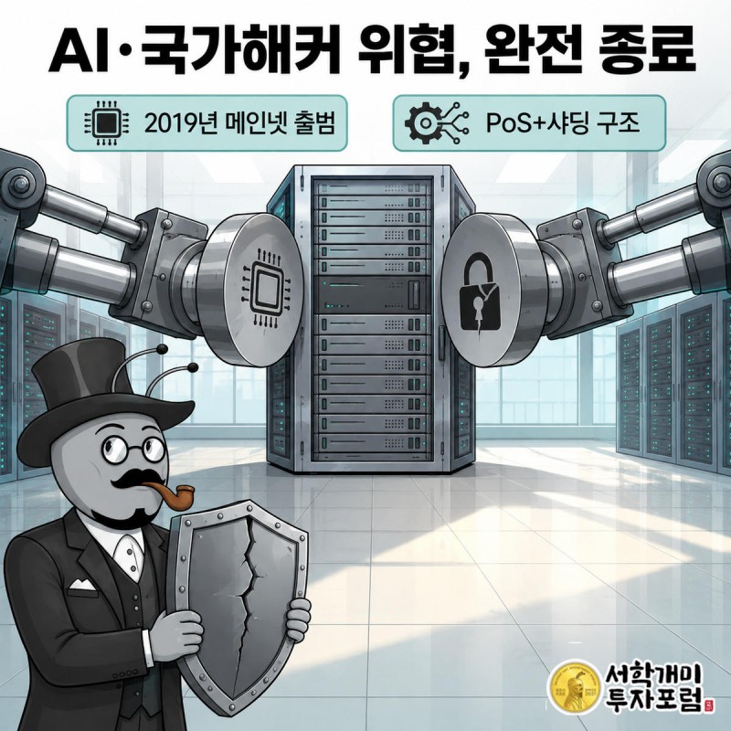 AI 로봇과 국가 배후 해커 실루엣이 하모니 서버를 양쪽에서 압박하고 개미가 방패로 버티다 밀리는 그림