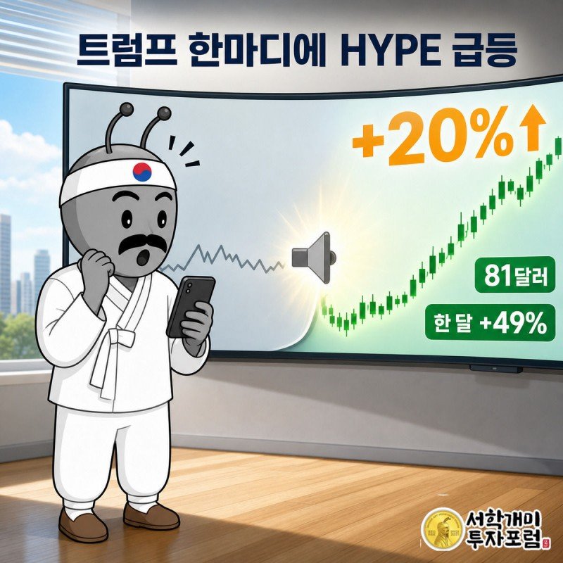 트럼프 발언 전후를 좌우로 나눈 화면에서 서민개미가 잔잔한 시세를 보다가 HYPE 캔들이 급등하자 놀라는 장면