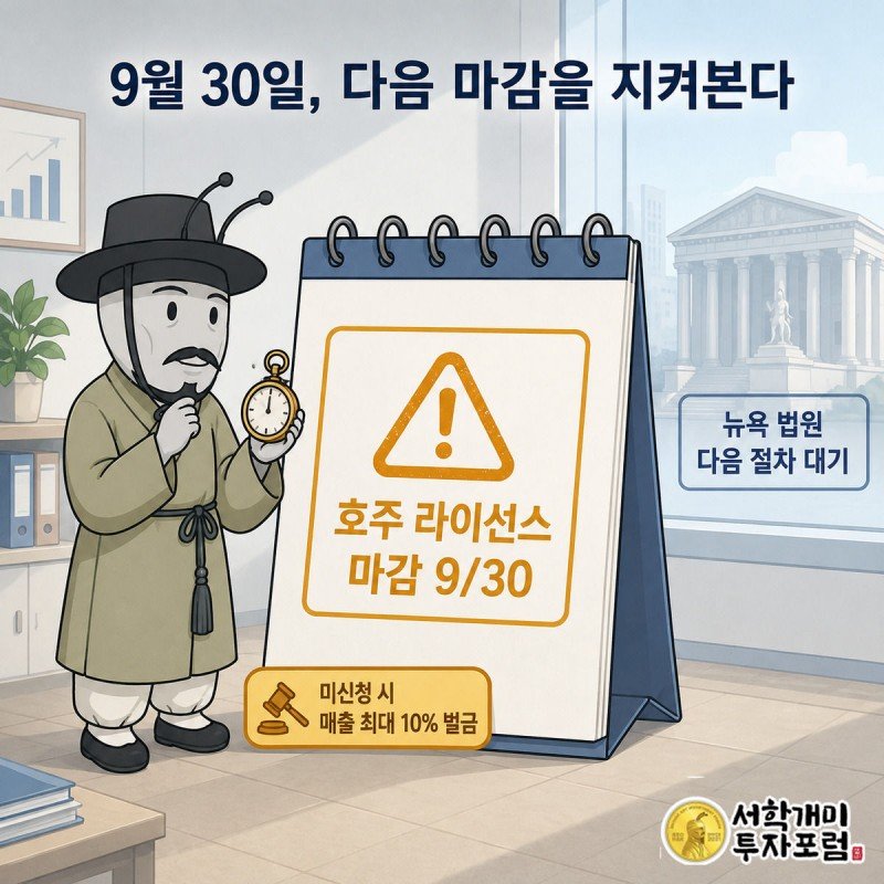 9월 30일 호주 라이선스 마감일 칸에 경고 스탬프가 찍힌 달력을 부자개미가 신중하게 바라보는 이미지