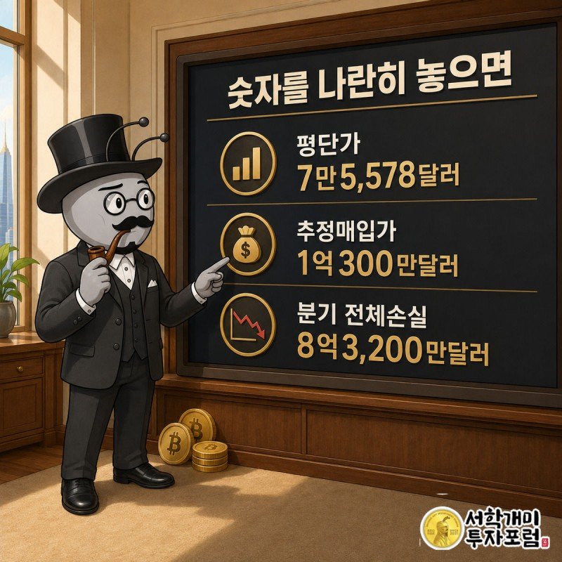 부자개미가 대형 전광판 앞에서 평단가, 추정매입가, 분기 전체손실 숫자를 손가락으로 짚어가며 확인하는 모습