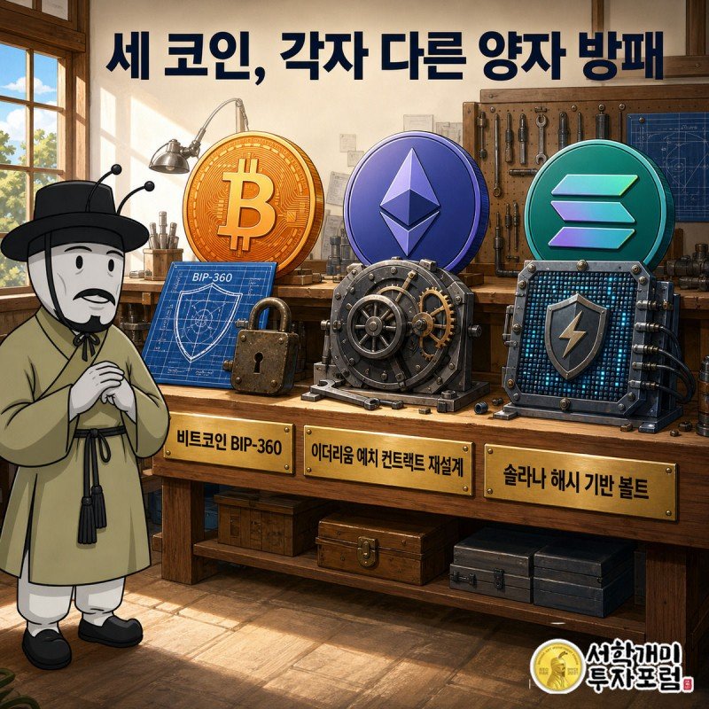 비트코인·이더리움·솔라나 코인이 각기 다른 방패를 두른 모습을 부자개미가 의심스레 살펴보는 그림