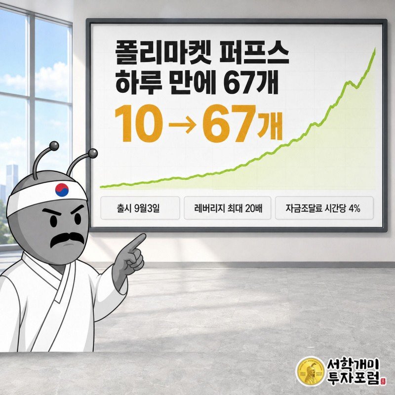 부자개미가 트레이딩 데스크 앞에서 10개에서 67개로 급증한 폴리마켓 시장 수 그래프를 가리키며 놀란 표정을 짓는 그림